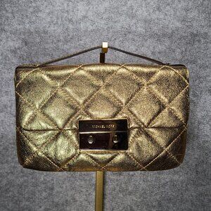 GUC Michael Kors Metallic Gold Quilted Evening Clutch with Chain Crossbody Strap
